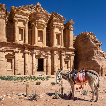 Donkey in front of the Monastery Ad-Deir (Al-Deir, El-Deir, Ed-Deir), ancient rock city of Petra, Jordan 1000 Jigsaw Puzzle 3D Modell