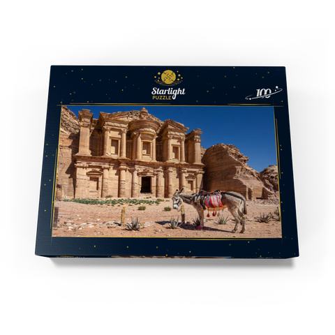Donkey in front of the Monastery Ad-Deir (Al-Deir, El-Deir, Ed-Deir), ancient rock city of Petra, Jordan 100 Jigsaw Puzzle box view1