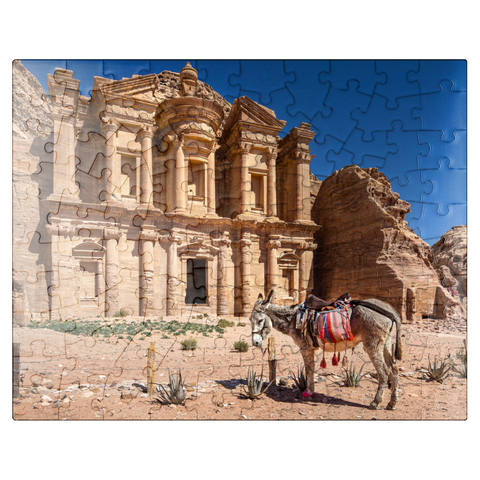 puzzleplate Donkey in front of the Monastery Ad-Deir (Al-Deir, El-Deir, Ed-Deir), ancient rock city of Petra, Jordan 100 Jigsaw Puzzle