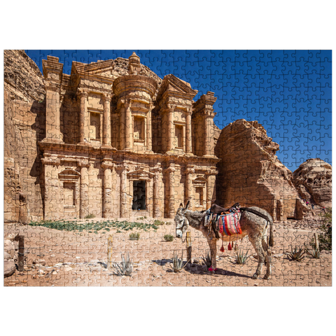 puzzleplate Donkey in front of the Monastery Ad-Deir (Al-Deir, El-Deir, Ed-Deir), ancient rock city of Petra, Jordan 500 Jigsaw Puzzle