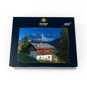 Farmhouse with view to the Geisler Group (3025m), Puez-Odle Nature Park, Villnöss Valley, Italy 1000 Jigsaw Puzzle box view1