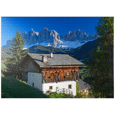 puzzleplate Farmhouse with view to the Geisler Group (3025m), Puez-Odle Nature Park, Villnöss Valley, Italy 1000 Jigsaw Puzzle
