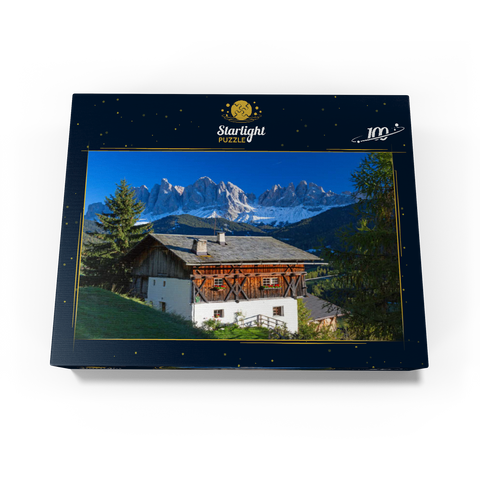 Farmhouse with view to the Geisler Group (3025m), Puez-Odle Nature Park, Villnöss Valley, Italy 100 Jigsaw Puzzle box view1