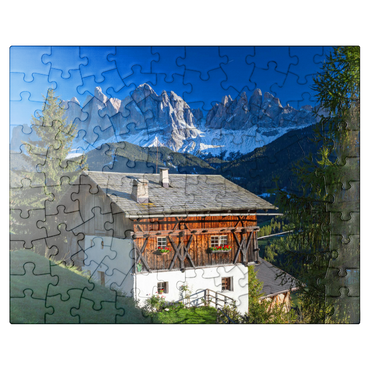 puzzleplate Farmhouse with view to the Geisler Group (3025m), Puez-Odle Nature Park, Villnöss Valley, Italy 100 Jigsaw Puzzle