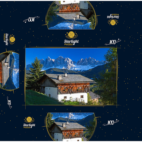 Farmhouse with view to the Geisler Group (3025m), Puez-Odle Nature Park, Villnöss Valley, Italy 100 Jigsaw Puzzle box 3D Modell