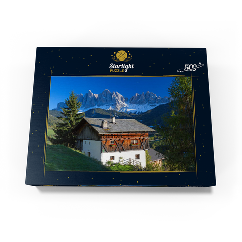 Farmhouse with view to the Geisler Group (3025m), Puez-Odle Nature Park, Villnöss Valley, Italy 500 Jigsaw Puzzle box view1