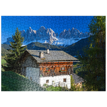 puzzleplate Farmhouse with view to the Geisler Group (3025m), Puez-Odle Nature Park, Villnöss Valley, Italy 500 Jigsaw Puzzle