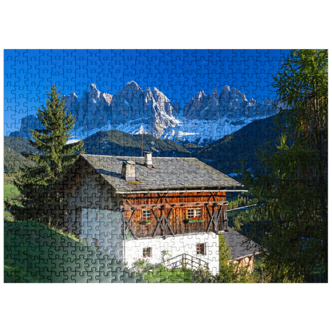 puzzleplate Farmhouse with view to the Geisler Group (3025m), Puez-Odle Nature Park, Villnöss Valley, Italy 500 Jigsaw Puzzle