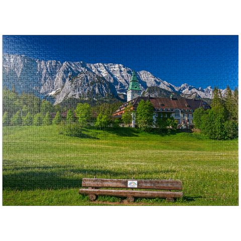 puzzleplate Hotel Schloss Elmau with the G7 summit bench against Wettersteinwand near Klais 1000 Jigsaw Puzzle