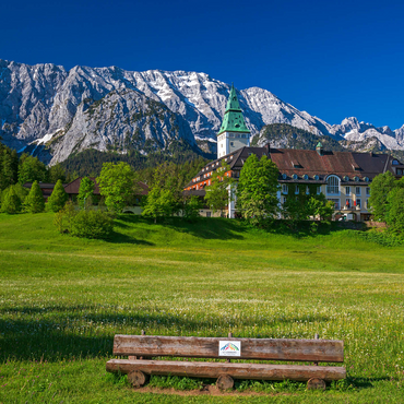 Hotel Schloss Elmau with the G7 summit bench against Wettersteinwand near Klais 1000 Jigsaw Puzzle 3D Modell