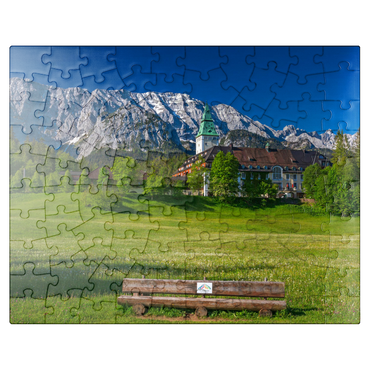 puzzleplate Hotel Schloss Elmau with the G7 summit bench against Wettersteinwand near Klais 100 Jigsaw Puzzle