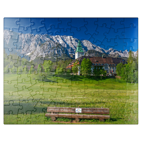 puzzleplate Hotel Schloss Elmau with the G7 summit bench against Wettersteinwand near Klais 100 Jigsaw Puzzle