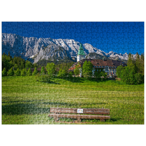 puzzleplate Hotel Schloss Elmau with the G7 summit bench against Wettersteinwand near Klais 500 Jigsaw Puzzle