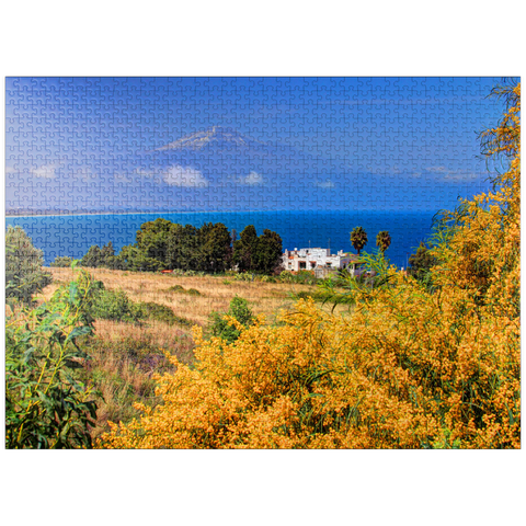 puzzleplate Flowering mimosa and cottage with view to Etna (3323m) 1000 Jigsaw Puzzle