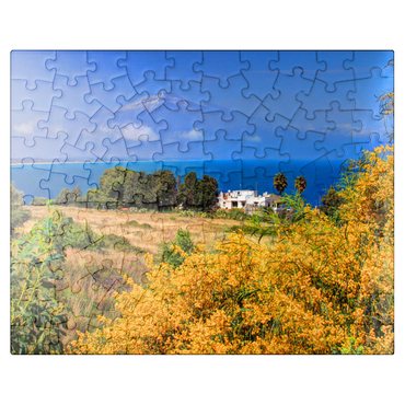 puzzleplate Flowering mimosa and cottage with view to Etna (3323m) 100 Jigsaw Puzzle