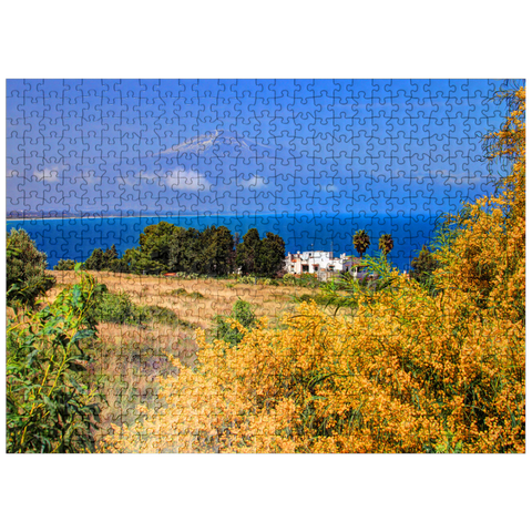 puzzleplate Flowering mimosa and cottage with view to Etna (3323m) 500 Jigsaw Puzzle