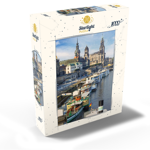 Terrace bank with the ships of the White Fleet, Brühl Terrace on the Elbe with the castle and the Court Church 1000 Jigsaw Puzzle box view1