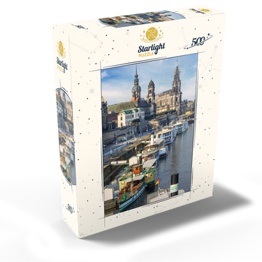 Terrace bank with the ships of the White Fleet, Brühl Terrace on the Elbe with the castle and the Court Church 500 Jigsaw Puzzle box view1