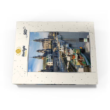 Terrace bank with the ships of the White Fleet, Brühl Terrace on the Elbe with the castle and the Court Church 500 Jigsaw Puzzle box view1