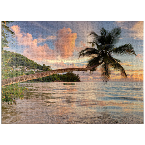 puzzleplate Palm tree on Baie Lazare beach, west coast, Mahe Island, Seychelles 1000 Jigsaw Puzzle