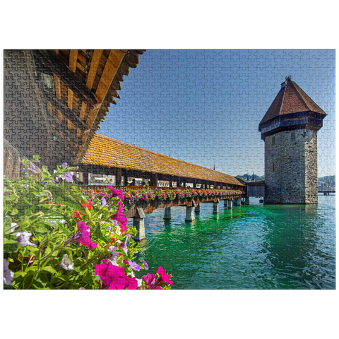 puzzleplate Chapel bridge over the Reuss river with water tower, Lucerne, Switzerland 1000 Jigsaw Puzzle