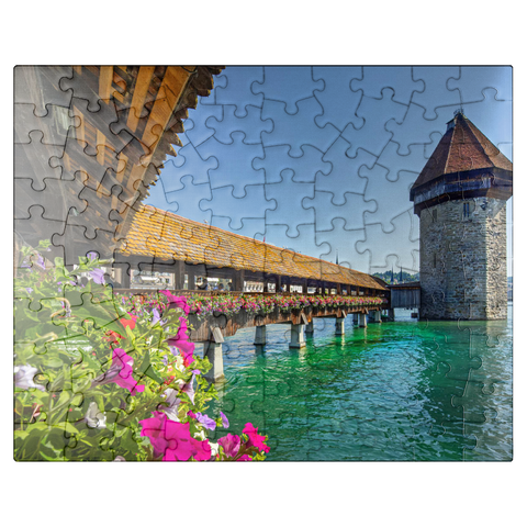 puzzleplate Chapel bridge over the Reuss river with water tower, Lucerne, Switzerland 100 Jigsaw Puzzle
