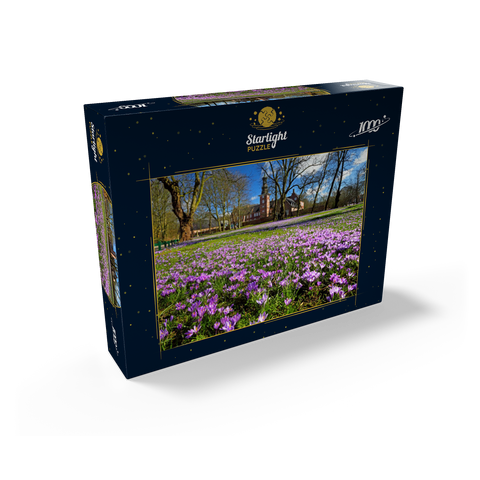 Crocus blossom in the castle park with the castle outside Husum 1000 Jigsaw Puzzle box view1