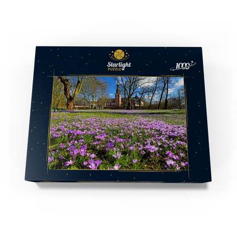 Crocus blossom in the castle park with the castle outside Husum 1000 Jigsaw Puzzle box view1