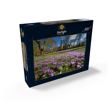 Crocus blossom in the castle park with the castle outside Husum 500 Jigsaw Puzzle box view1