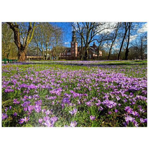 puzzleplate Crocus blossom in the castle park with the castle outside Husum 500 Jigsaw Puzzle