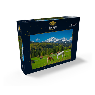 Horses near Kaltenbrunn against Zugspitzgruppe (2962m), Garmisch-Partenkirchen 1000 Jigsaw Puzzle box view1