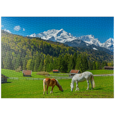 puzzleplate Horses near Kaltenbrunn against Zugspitzgruppe (2962m), Garmisch-Partenkirchen 1000 Jigsaw Puzzle