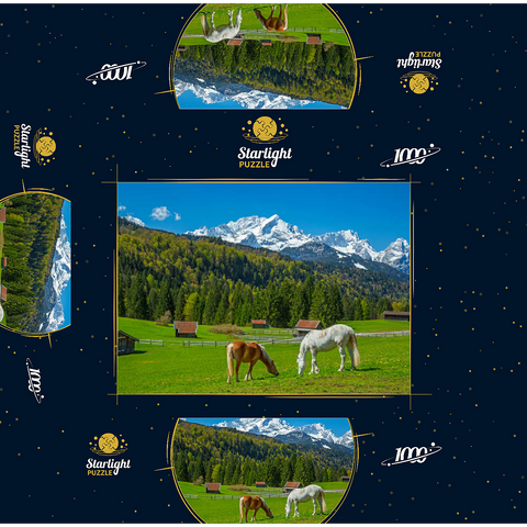 Horses near Kaltenbrunn against Zugspitzgruppe (2962m), Garmisch-Partenkirchen 1000 Jigsaw Puzzle box 3D Modell