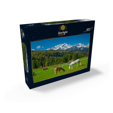 Horses near Kaltenbrunn against Zugspitzgruppe (2962m), Garmisch-Partenkirchen 100 Jigsaw Puzzle box view1