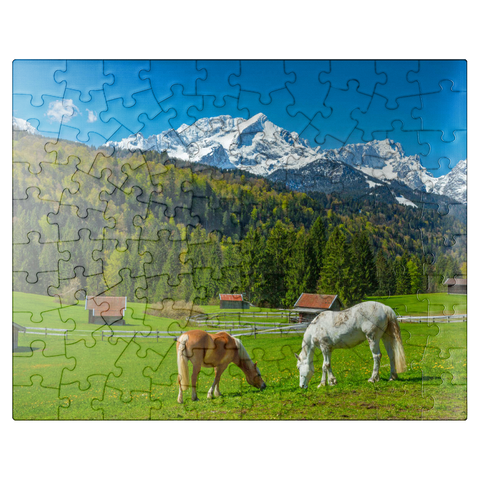 puzzleplate Horses near Kaltenbrunn against Zugspitzgruppe (2962m), Garmisch-Partenkirchen 100 Jigsaw Puzzle
