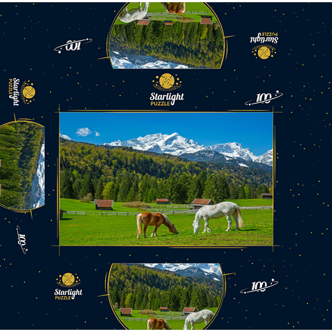 Horses near Kaltenbrunn against Zugspitzgruppe (2962m), Garmisch-Partenkirchen 100 Jigsaw Puzzle box 3D Modell