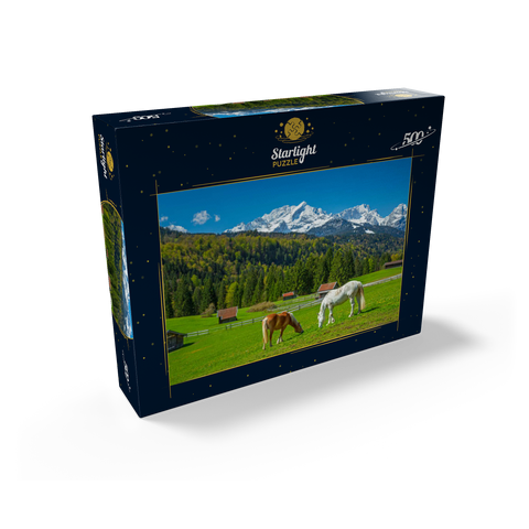 Horses near Kaltenbrunn against Zugspitzgruppe (2962m), Garmisch-Partenkirchen 500 Jigsaw Puzzle box view1