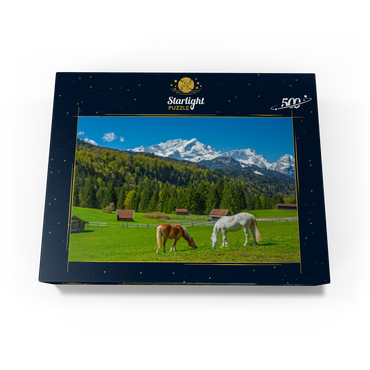 Horses near Kaltenbrunn against Zugspitzgruppe (2962m), Garmisch-Partenkirchen 500 Jigsaw Puzzle box view1