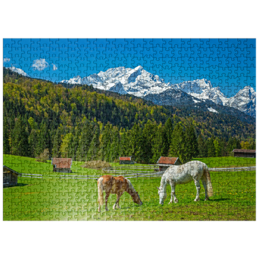puzzleplate Horses near Kaltenbrunn against Zugspitzgruppe (2962m), Garmisch-Partenkirchen 500 Jigsaw Puzzle