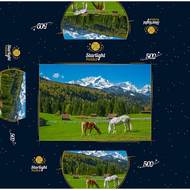Horses near Kaltenbrunn against Zugspitzgruppe (2962m), Garmisch-Partenkirchen 500 Jigsaw Puzzle box 3D Modell