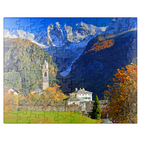 puzzleplate Mountain village Soglio with village church, Engadin, Canton Grisons, Switzerland 100 Jigsaw Puzzle