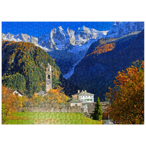 puzzleplate Mountain village Soglio with village church, Engadin, Canton Grisons, Switzerland 500 Jigsaw Puzzle
