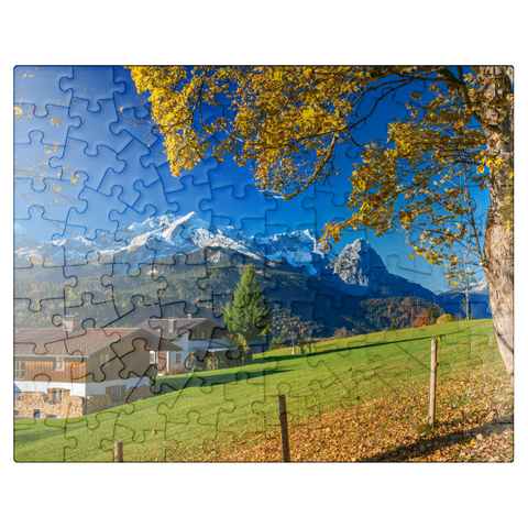 puzzleplate View from the Pfeiffer-Alm to the Zugspitzgruppe (2962m), Garmisch-Partenkirchen 100 Jigsaw Puzzle