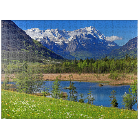 puzzleplate Seven springs in the Loisach valley near Eschenlohe against Zugspitzgruppe, Upper Bavaria 1000 Jigsaw Puzzle