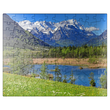 puzzleplate Seven springs in the Loisach valley near Eschenlohe against Zugspitzgruppe, Upper Bavaria 100 Jigsaw Puzzle