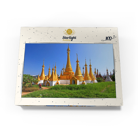 Stupas in the monastery complex of Ywama at Inle Lake, Myanmar 100 Jigsaw Puzzle box view1