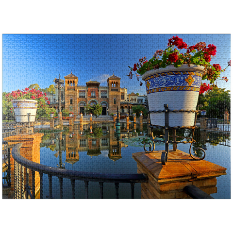 puzzleplate Water basin with the Mudejar Pavilion in the morning light, Plaza de America 1000 Jigsaw Puzzle