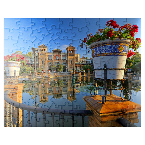puzzleplate Water basin with the Mudejar Pavilion in the morning light, Plaza de America 100 Jigsaw Puzzle