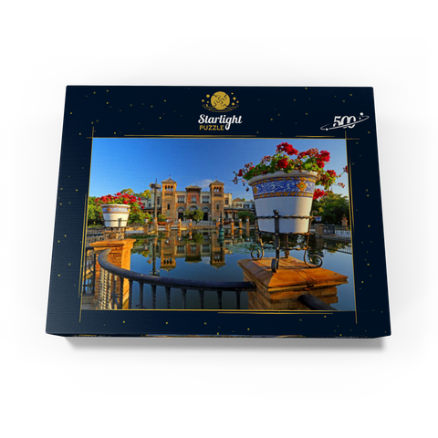 Water basin with the Mudejar Pavilion in the morning light, Plaza de America 500 Jigsaw Puzzle box view1