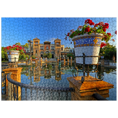 puzzleplate Water basin with the Mudejar Pavilion in the morning light, Plaza de America 500 Jigsaw Puzzle
